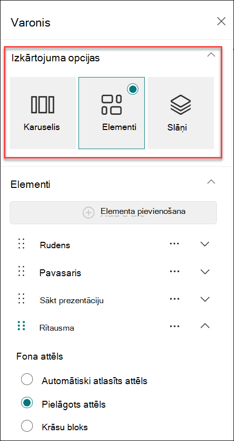 Izkārtojuma maiņas rekvizītu rūtī ekrānuzņēmums