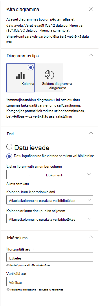 Ekrānuzņēmums ar stabiņu diagrammas rediģēšanas paneli