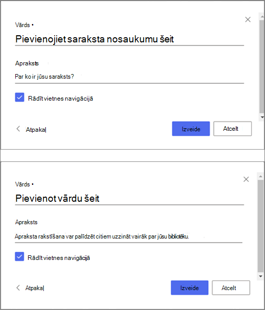 Attēla augšējā daļa ir logs, kurā ievadīt informāciju tukšam sarakstam, un attēla apakšējā daļa ir logs dokumentu bibliotēkas izveidei.