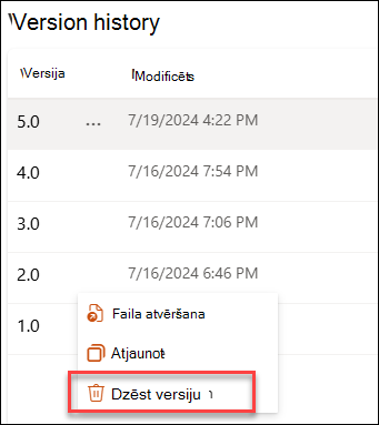 Ekrānuzņēmums, kurā redzama versijas dzēšana