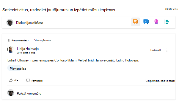 Yammer tīmekļa daļas attēls departamenta vietnē
