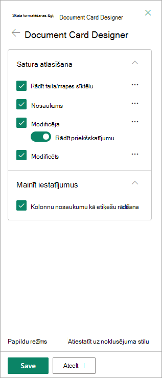 Varat izmantot logu Document Card Designer, lai iestatītu, ko vēlaties parādīt katrā kartē.