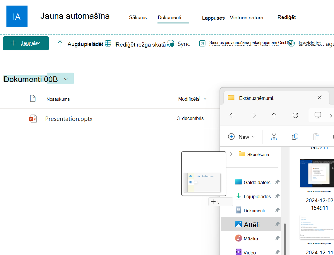 Attēla fails, kas tiek vilkts no pārlūka loga uz SharePoint dokumentu bibliotēku