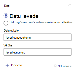 Ekrānuzņēmums ar stabiņu diagrammas rediģēšanas paneli datu ievadīšanai