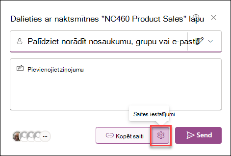 Ekrānuzņēmums ar saites iestatījumu lodziņu, kurā redzamas visas saišu kopīgošanai pieejamās opcijas.
