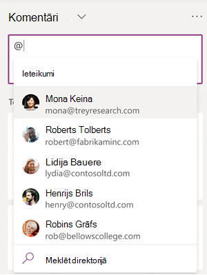 Ierakstot simbolu @ lodziņā Komentāri, tiek piedāvāti kolēģu vārdi.