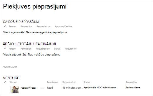 Skats Piekļuves pieprasījumi, kurā redzama pieprasījumu vēsture.