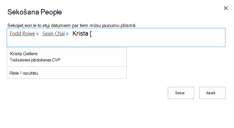 Personu, kurām sākt sekošanu, meklēšana lodziņā Sekošana personām
