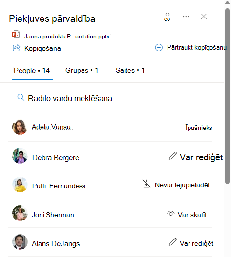 Paceltajā kartītē norādītas personas, kuras koplieto dokumentu