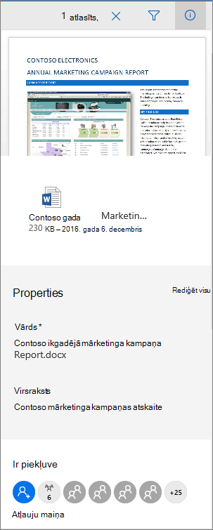 Office 365 dokumentu metadatu panelis