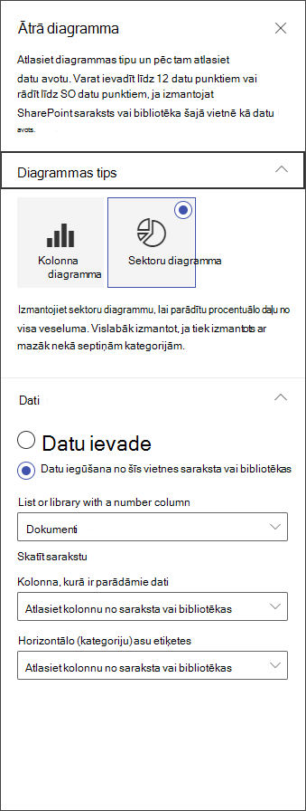 Ekrānuzņēmums ar sektoru diagrammas rediģēšanas paneli
