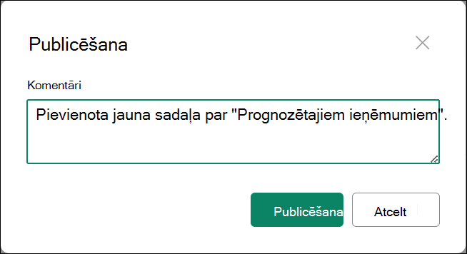 galvenās versijas publicēšanas ekrānuzņēmums ar komentāriem