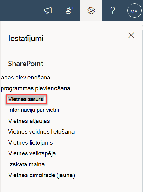 Iestatījumu vietnes satura ekrānuzņēmums