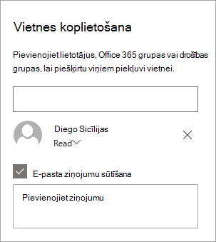 Personas pievienošana vietnes koplietošanas rūtī