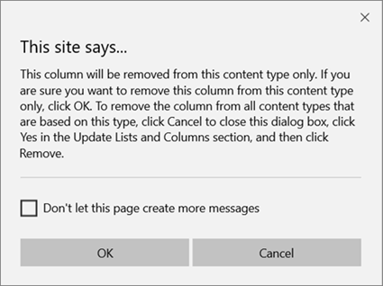 SharePoint apstiprinājuma uzvedne, ja no vietnes satura tipa tiek noņemta kolonna tikai vienam satura tipam
