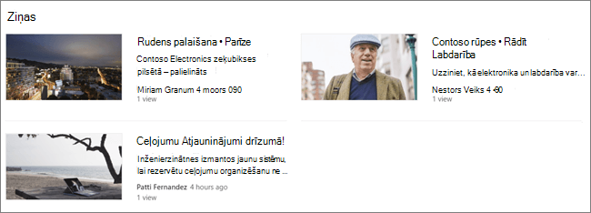 SharePoint vietnes jaunumu tīmekļa daļas, kur filtrētas ziņas, ekrāns