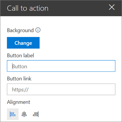 SharePoint vietņu aicinājuma uz darbību tīmekļa daļas rīklodziņš, kurā parādīts, kā pielāgot saiti, pogu un tīmekļa daļas līdzinājumu