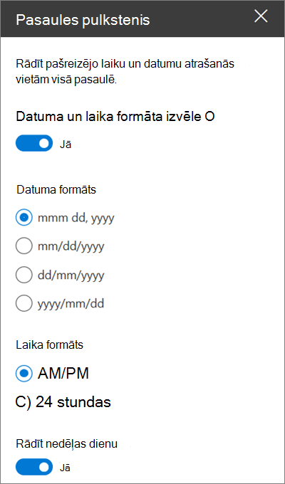 Pasaules pulksteņa tīmekļa daļas rīklodziņš SharePoint vietnēm, kurā parādīts, kā pielāgot datuma un laika formatējumu