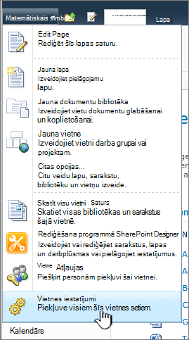 Vietnes iestatījumi izvēlnē Vietnes darbības