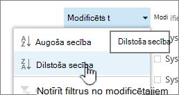 Nolaižamā kārtošanas izvēlne kolonnas galvenē