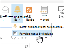 Iezīmēta SharePoint 2016 brīdinājuma poga Pārvaldīt