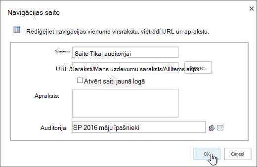 Navigācijas saites rekvizīti ar iezīmētu pogu Labi.