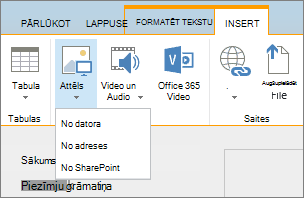 Ekrānuzņēmums ar SharePoint Online lenti. Atlasiet cilni Ievietošana un pēc tam atlasiet Attēls, lai izvēlētos augšupielādēt failu no datora, tīmekļa adreses vai SharePoint atrašanās vietas.