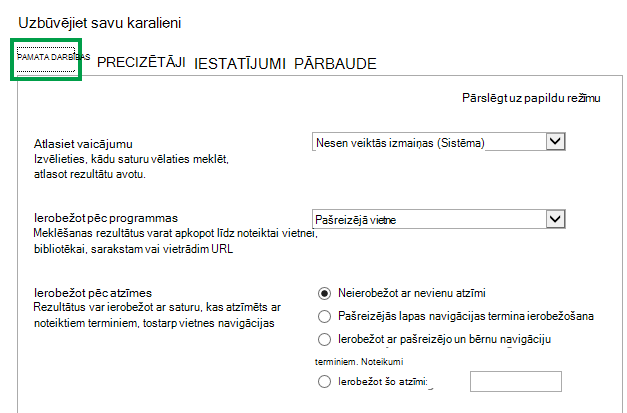 Cile PAMATA, konfigurējot vaicājumu satura meklēšanas tīmekļa daļā