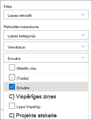 Filtrs iestatīts uz Emuāri ziņu tīmekļa daļas rūtī