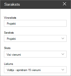 Tīmekļa daļas iestatījumu saraksts