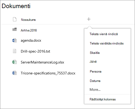 Kolonnas pievienošanas nolaižamā izvēlne ar grupu savienotā dokumentu bibliotēkā