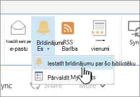 Bibliotēkas cilne, kurā iezīmēta opcija Iestatīt brīdinājumu par šo bibliotēku