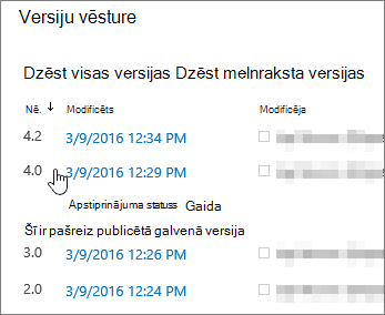 Versiju vēsture ar izdzēstu vienu papildversiju