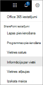 Izvēlne Iestatījumi, kurā atlasīta opcija Informācija par vietni
