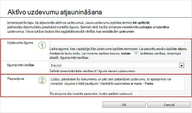 Aktīvo uzdevumu mainīšanas veidlapa