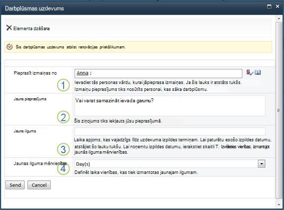 Izmaiņu pieprasījuma veidlapa elementā