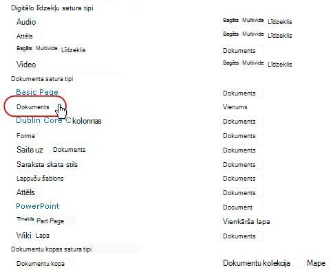 Dokumentu satura tipi, kur iezīmēta tipa vērtība