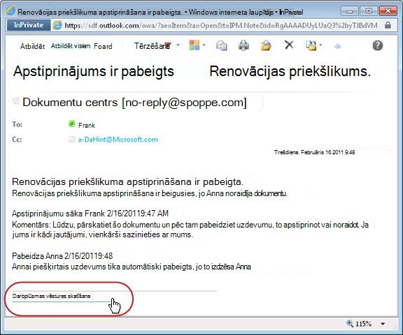 Paziņojums par darbplūsmas pabeigšanu ar izceltu saiti uz vēsturi