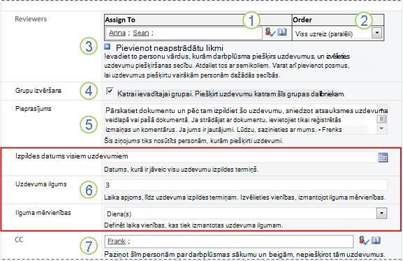 Inicializēšanas veidlapa ar numurētām remarkām