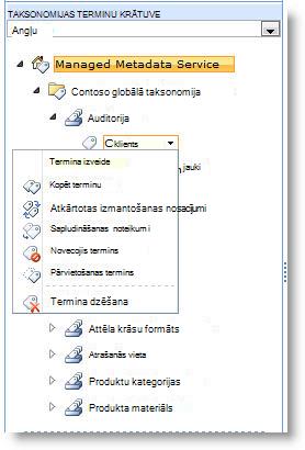 Izmantojiet izvēlni, lai pārvaldītu terminu kopas terminus.