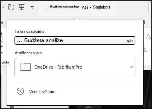 Nolaižamā izvēlne no dokumenta nosaukuma programmā Word pakalpojumam Office 365