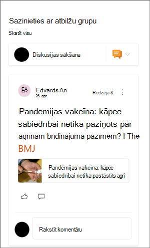 Yammer tīmekļa daļas attēls ar sarunas paraugu.
