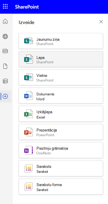 Ekrānuzņēmums ar SharePoint lietojumprogrammu joslas rūti Izveidot ar jaunumu ziņas un lapas opcijām.