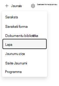 Ekrānuzņēmums ar SharePoint vietnes izvēlni Jauns, kurā atlasīta opcija Lapa.