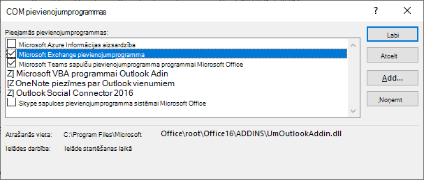 Ir atvērts Outlook COMS pievienojumprogrammas logs.