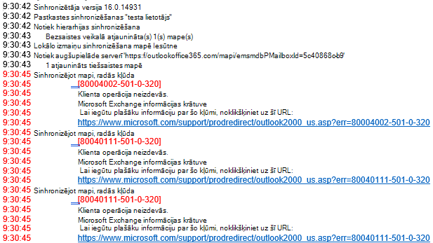 Outlook žurnāla kļūdu saraksts