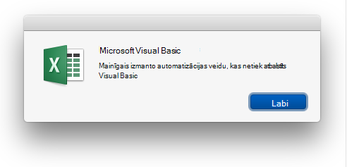 Microsoft Visual Basic kļūda: programmā Visual Basic netiek atbalstīts mainīgo lietojums un automatizācijas veids.