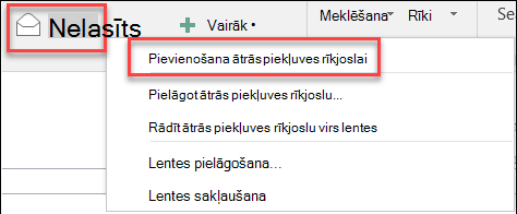 Outlook pievienošana ātrās piekļuves rīkjoslai