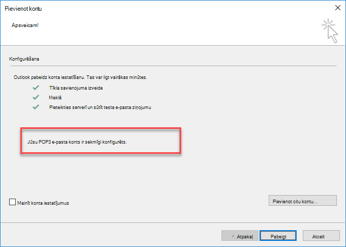 Outlook konta pievienošana kā POP