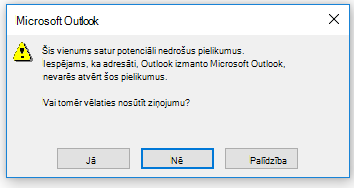 Brīdinājuma ziņojums par potenciāli bīstamu pielikumu sūtīšanu programmā Outlook